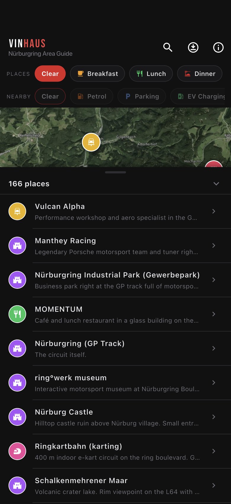 Scrollable list of places with category icons and descriptions